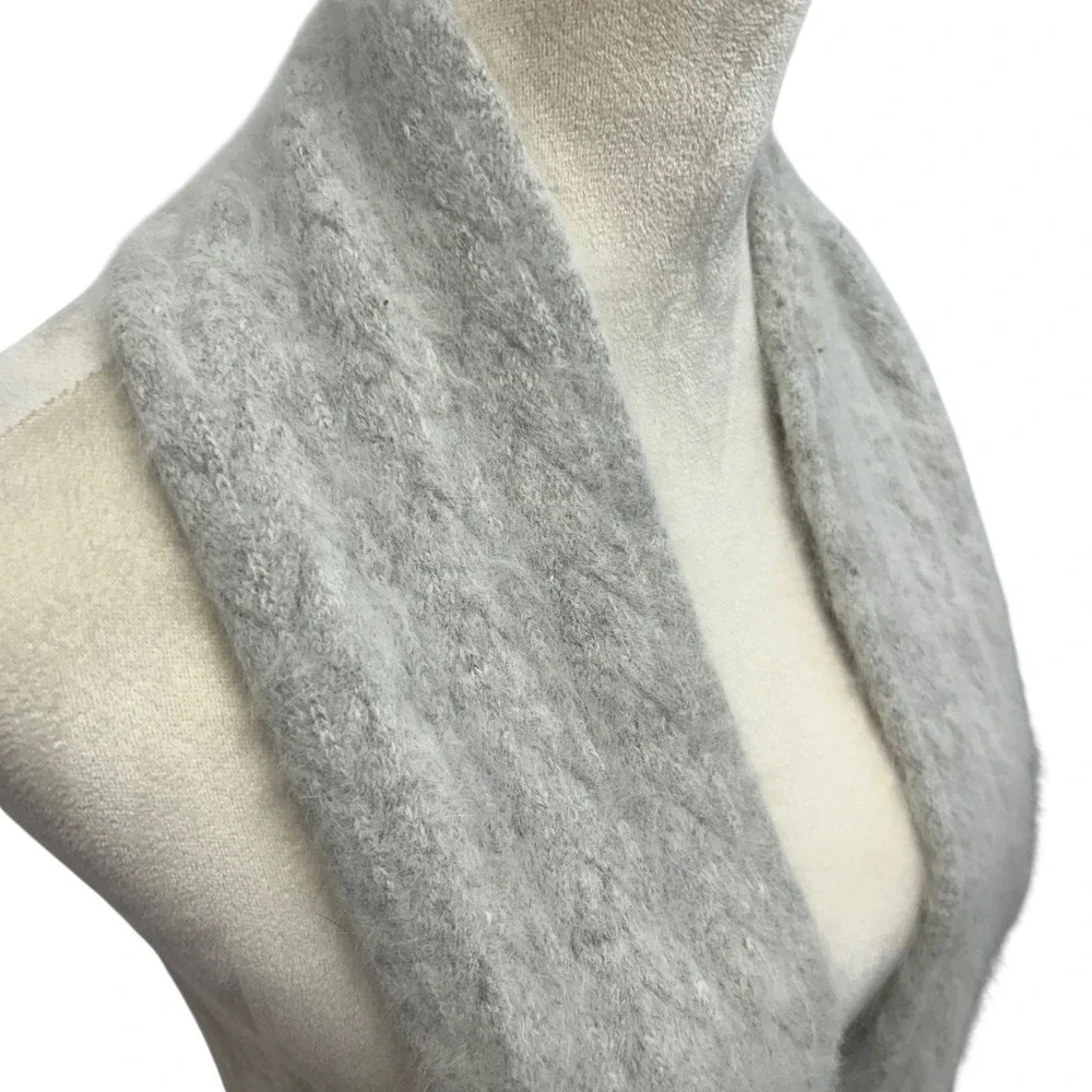 Rabbit Hair Wool Scarf Gray Fuzzy Knit Fringe Soft Cozy Winter Wrap Quiet Luxury